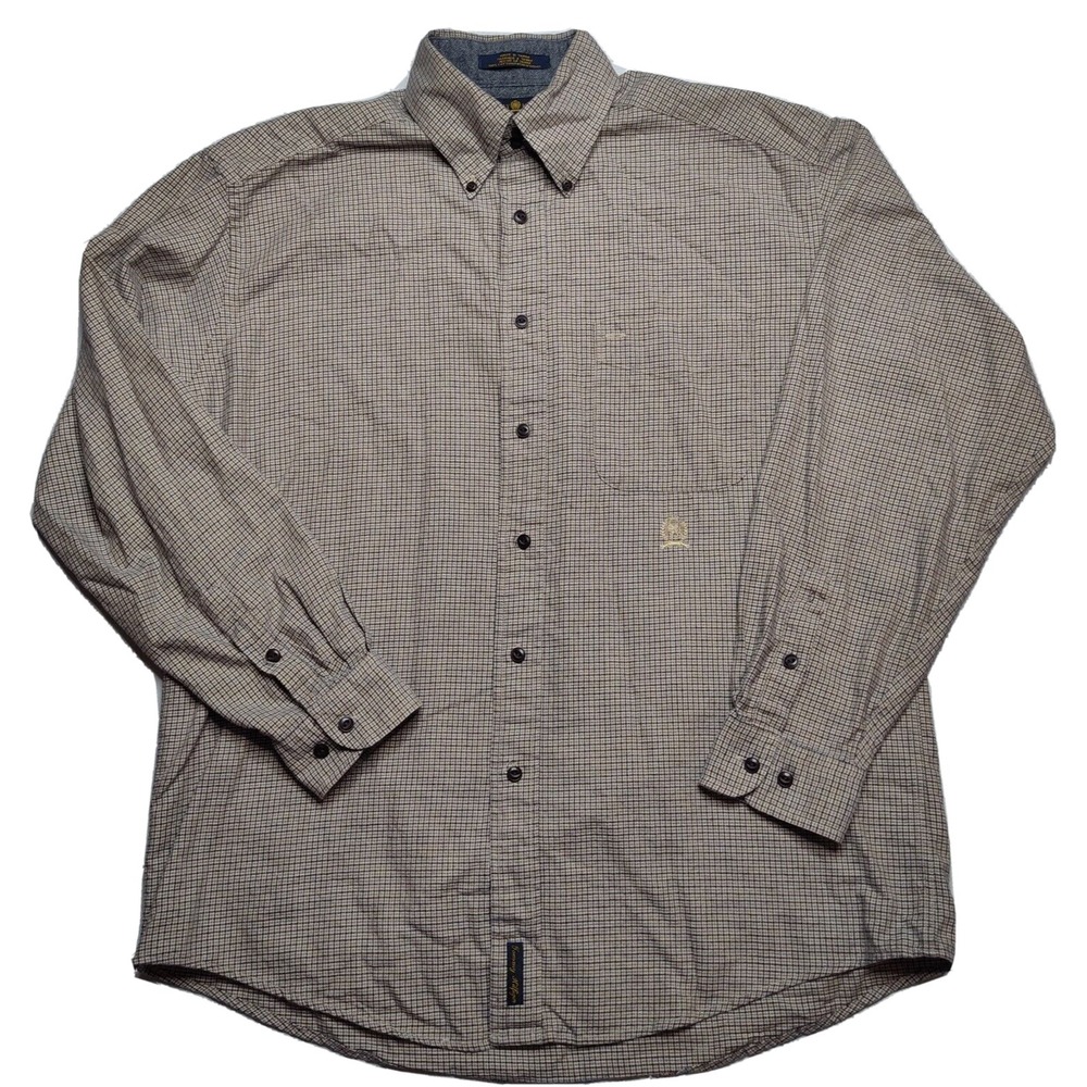 Tommy Hilfiger‎ Men Medium Brown Blue Mini-Check Crest Logo Cotton Button Shirt